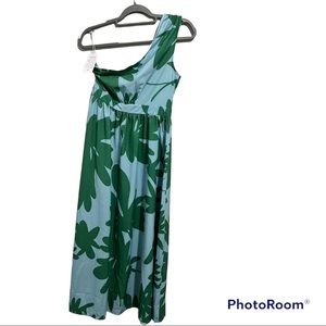 🐙One Shoulder Light Blue with green leave long dress ~Small